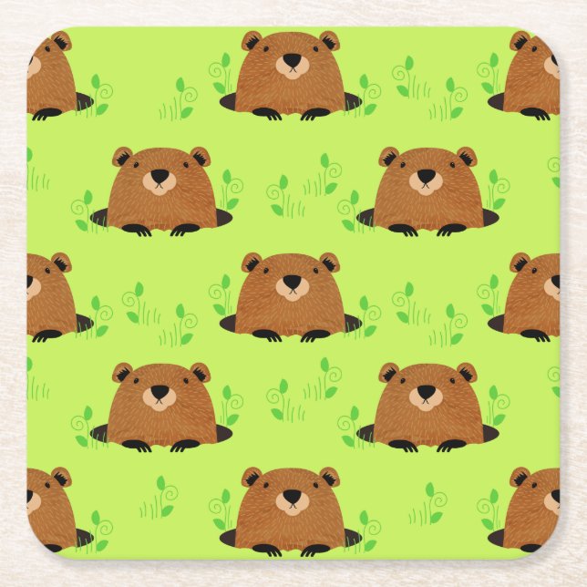 Adorable Woodland Groundhog Pattern Square Paper Coaster (Front)