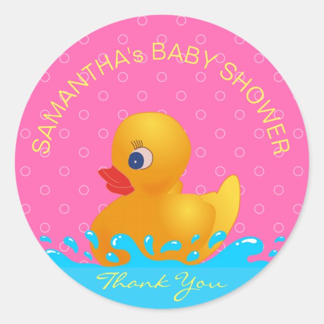 Adorable Yellow Blue Pink Rubber Ducky Baby Shower Classic Round Sticker (Front)