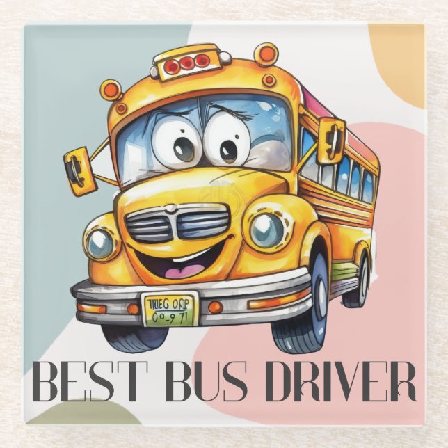 Adorable Yellow Cartoon Best School Bus Driver Glass Coaster (Front)