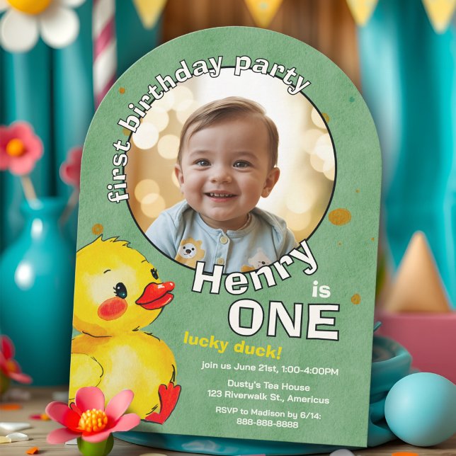 Adorable Yellow Duckling First Birthday Whimsical Invitation (Adorable yellow rubber ducky 1st birthday party invitation with baby photo, cute watercolor duckling)