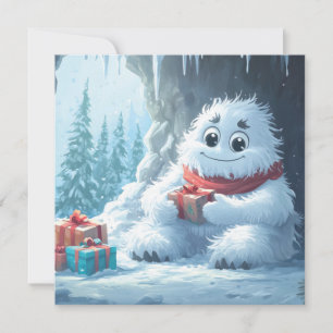 Adorable Yeti with Christmas Presents in a Cave Holiday Card