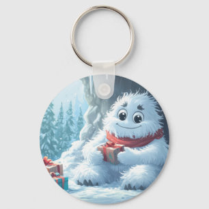 Adorable Yeti with Christmas Presents in a Cave Key Ring