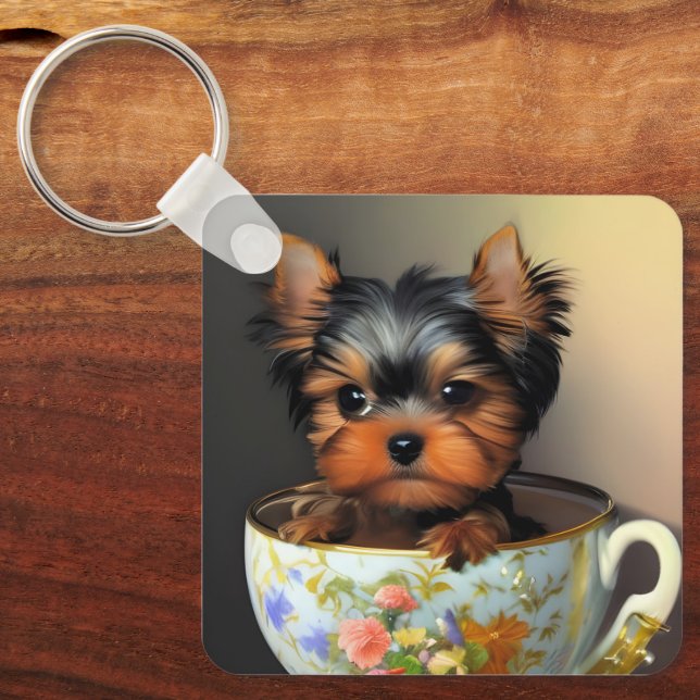 Adorable Yorkie In A Teacup  Key Ring (Front)