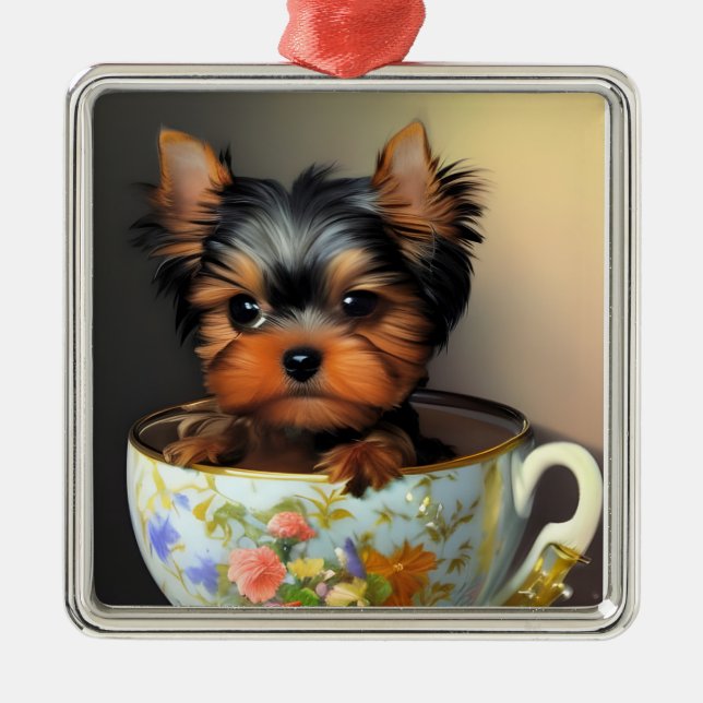Adorable Yorkie In A Teacup   Metal Tree Decoration (Front)