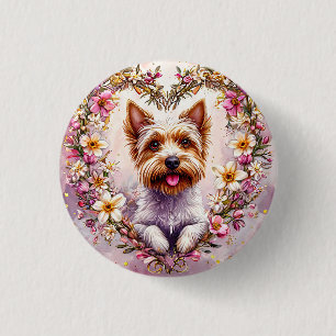 Adorable Yorkie Surrounded by Floral Wreath 3 Cm Round Badge