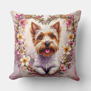 Adorable Yorkie Surrounded by Floral Wreath Cushion