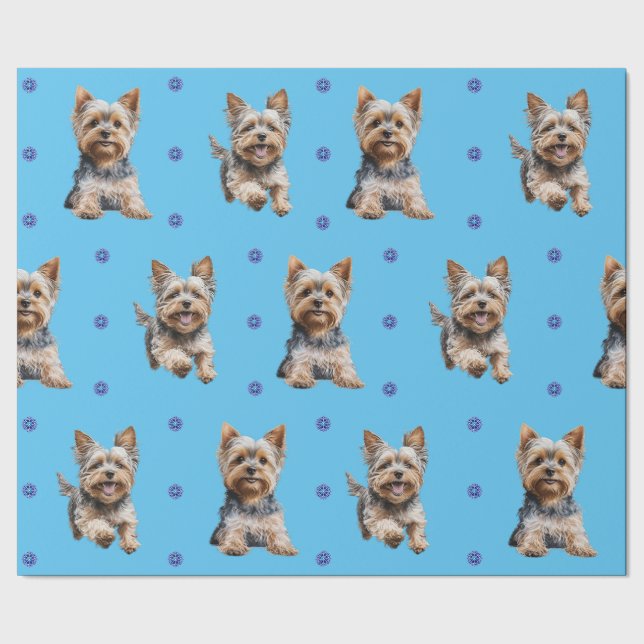 Adorable Yorkshire Terrier Christmas on Blue Wrapping Paper (Seam)