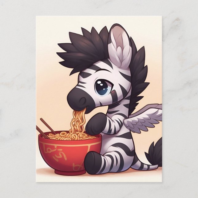 Adorable Zebra Angel Eating Ramen Postcard (Front)