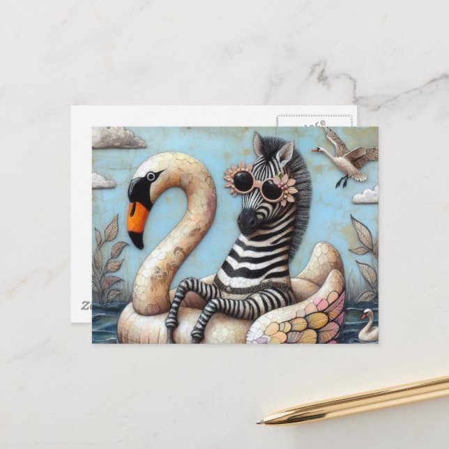 Adorable Zebra on a Inflatable Swan Postcard (Front/Back In Situ)