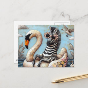 Adorable Zebra on a Inflatable Swan Postcard