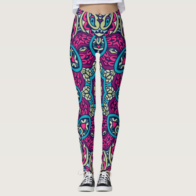 Adorables Bohemian Style Bright Pink And Green Leggings (Front)