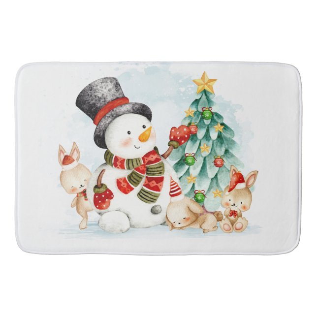 Adorables Christmas Snowman Bunnies And Tree   Bath Mat (Front)