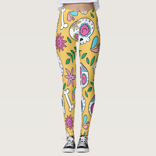 Adorables Day of the Dead Calavara Style Yoga  Leggings (Front)