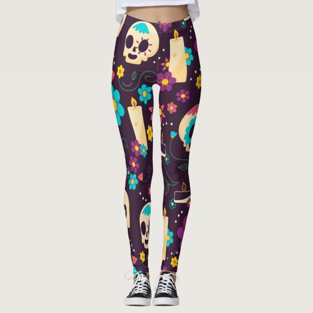 Adorables Day of the Dead Calavara Style Yoga   Leggings (Front)