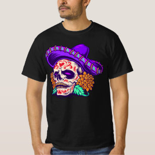 Adorables Day of the Dead Skull With Purple Hat T-Shirt