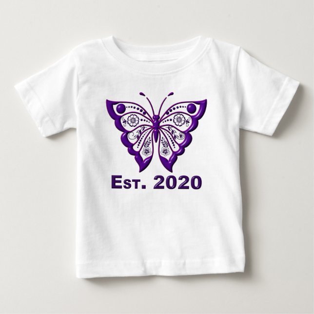 Adorably Cute “Est. 2020 Purple Butterfly” Baby T-Shirt (Front)