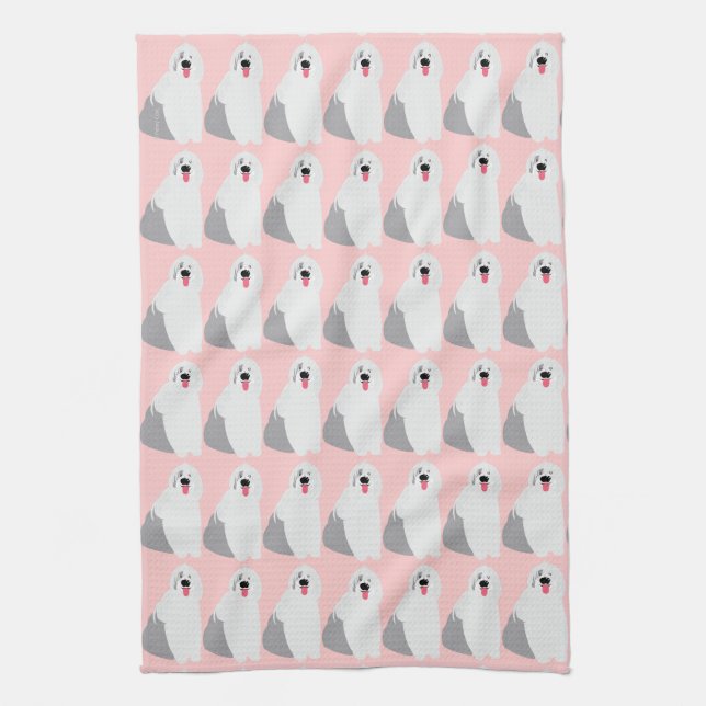 Adorably Cute Old English Sheepdog Kind of Girly Tea Towel (Vertical)