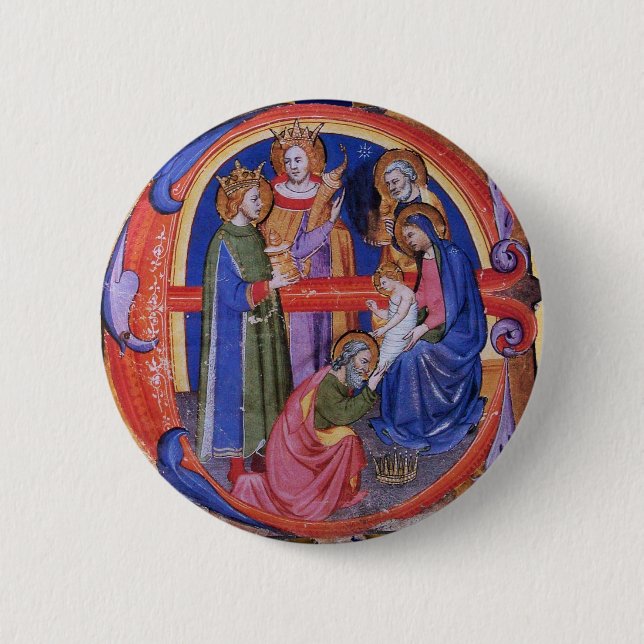 ADORATION OF MAGI CHRISTMAS NATIVITY PARCHMENT 6 CM ROUND BADGE (Front)