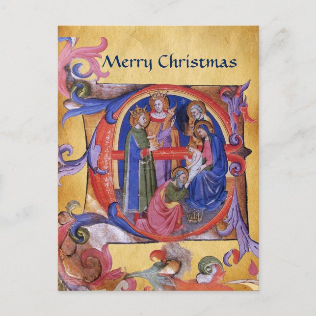 ADORATION OF MAGI CHRISTMAS PARCHMENT Red Gem Holiday Postcard (Front)