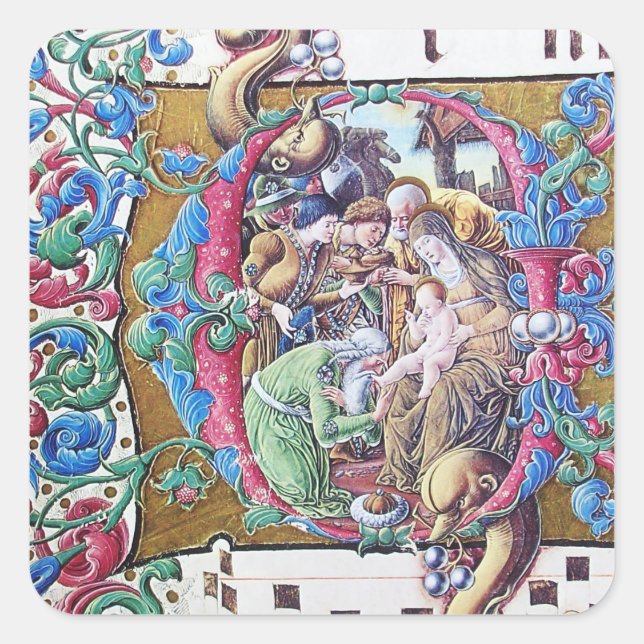 ADORATION OF MAGI , NATIVITY MONOGRAM WITH DOLPHIN SQUARE STICKER (Front)