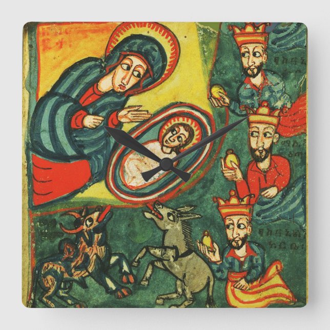 ADORATION OF MAGI ,PRIMITIVE NATIVITY Christmas Square Wall Clock (Front)
