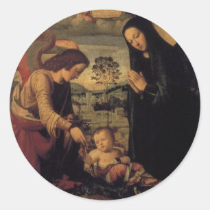 Adoration of the Child with Angel Classic Round Sticker