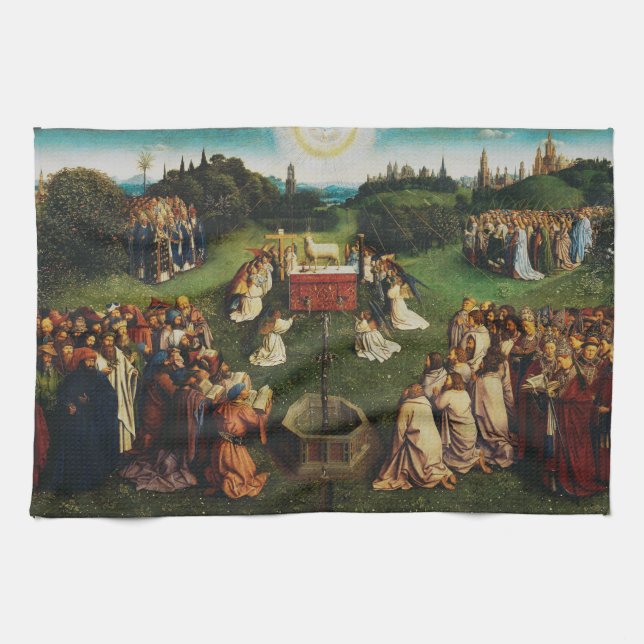 Adoration of the Lamb by Jan van Eyck Tea Towel (Horizontal)