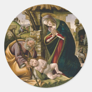 Adoration with Joseph, Mary and Baby Jesus Classic Round Sticker