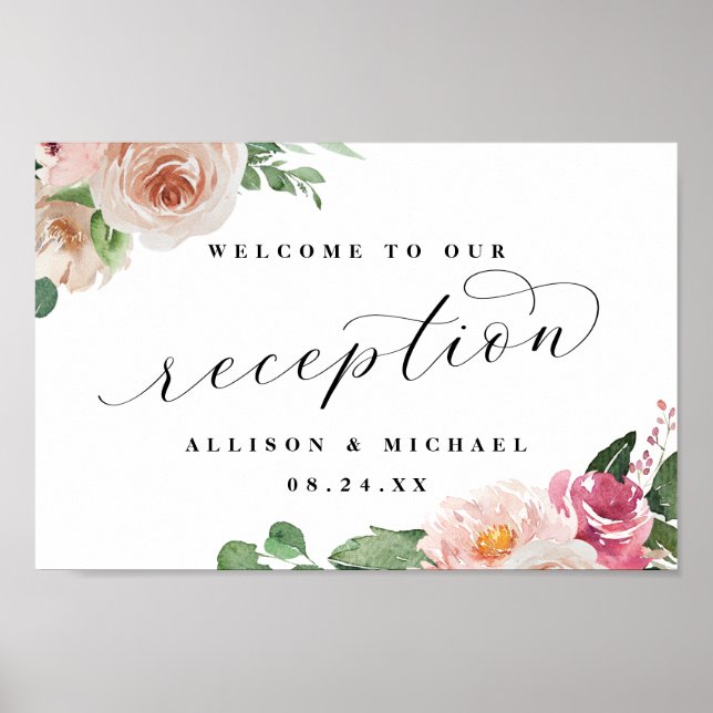 Adore Floral Calligraphy Reception Welcome Sign (Front)