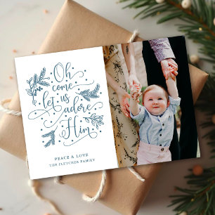 Adore Him Photo Christmas Flat Card Blue