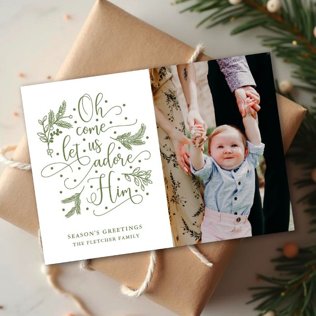 Adore Him | Photo Christmas Flat Card | Sage (Creator Uploaded)