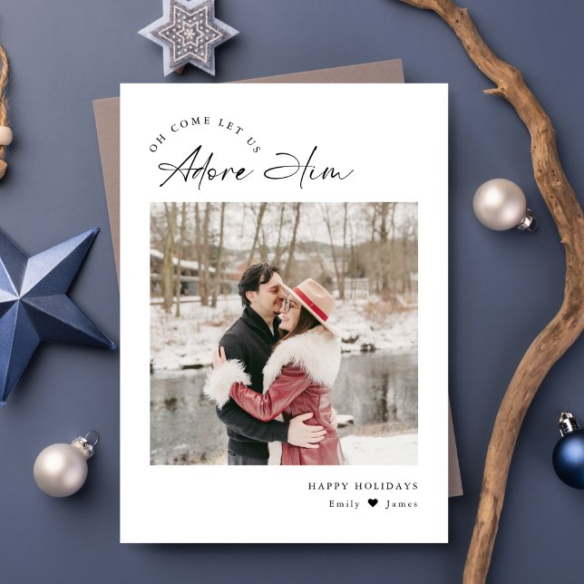 Adore Him Religious Christian Minimal Family Photo Holiday Card (Creator Uploaded)