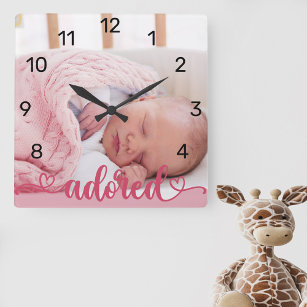 Adored Baby Girl Photo Pink Nursery Square Wall Clock