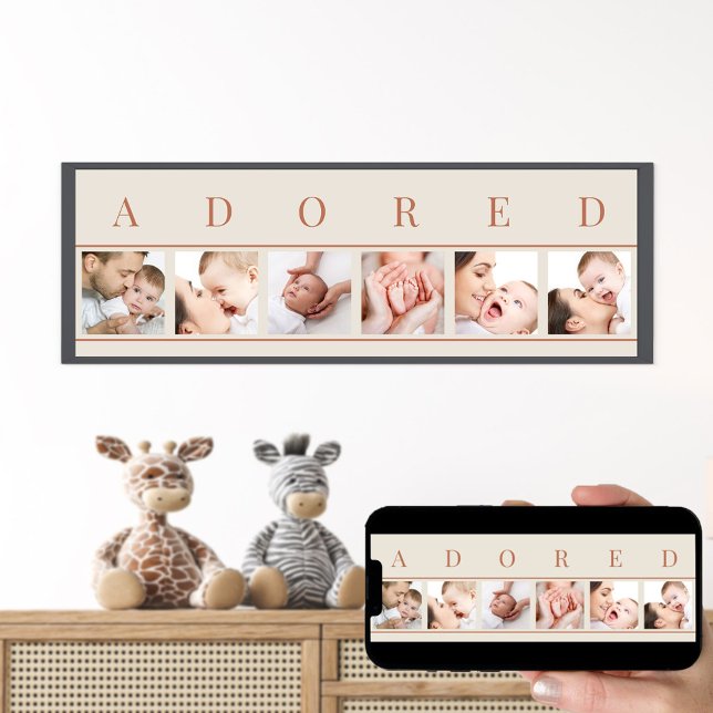ADORED Photo Collage Clay Natural 6 Baby Picture Poster (Adored new baby photo collage for the nursery, living room, grandparent gifts ..)