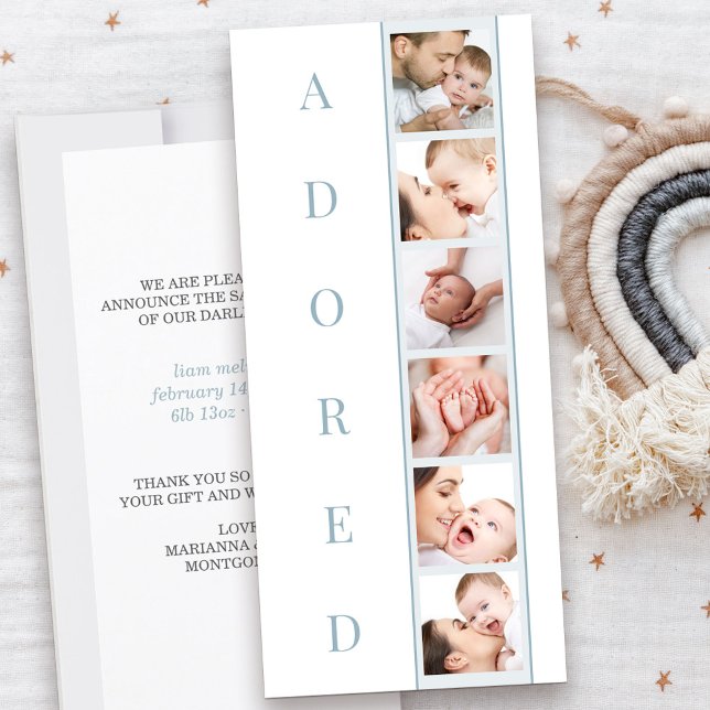 ADORED Stats Multi Photo Boy Birth Announcement (Adored Baby Birth Announcement in blue with 6 photos and personal message)