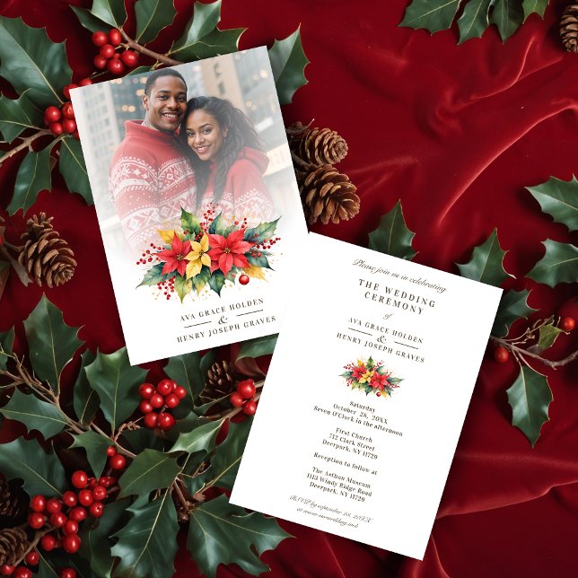 Adorned Christmas Floral Garland Poinsettias Photo Invitation (Adorned Christmas Botanical Floral Garland Poinsettias Photo Wedding Invitations Cards. )