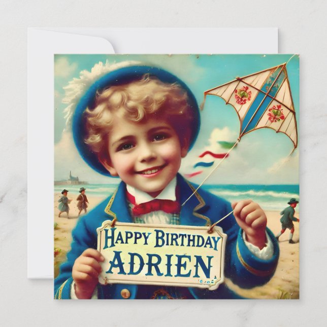 ADRIEN ~ Birthday Card ~ Flying Kite ~ Flat Card (Front)
