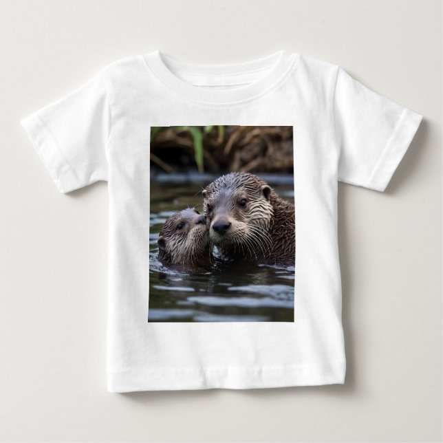 Adrift in Love: Mommy and Baby Otter In River T-Shirt (Front)