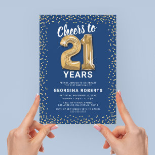 Adult 21st Birthday Blue Gold Invitation