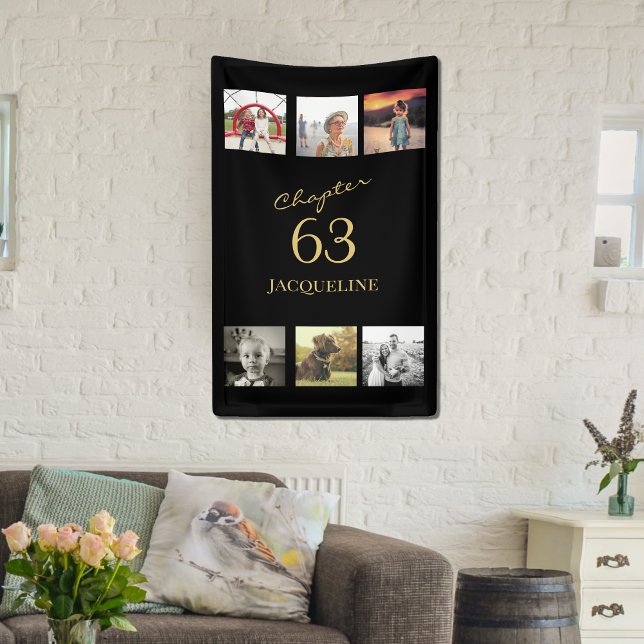 Adult 6 Photo Black And Gold Any Age Birthday Banner (Black and gold 6 photo birthday wall banner. Any age.)