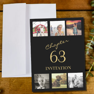 Adult 6 Photo Black And Gold Any Age Birthday Invitation