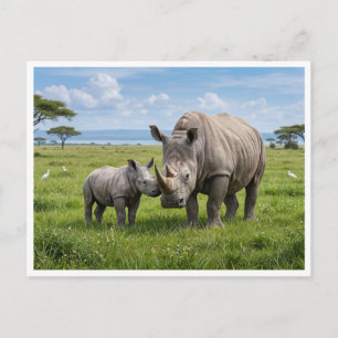 Adult And Baby Rhinos In Green Meadow Photo Enlarg Postcard