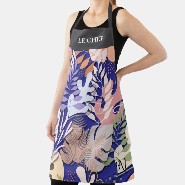 Adult Apron : Abstract Leaves (blue) & Text Bar (Insitu)