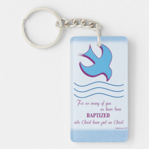Adult Baptism Dove on Blue Key Ring