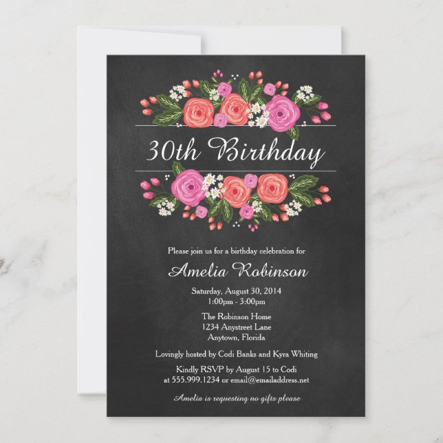 Adult Birthday Invitation, floral chalkboard style Invitation (Front)