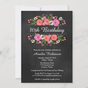 Adult Birthday Invitation, floral chalkboard style Invitation