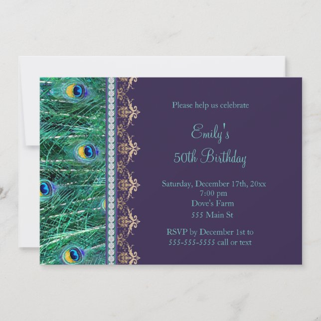 Adult birthday invitation peacock purple gold (Front)