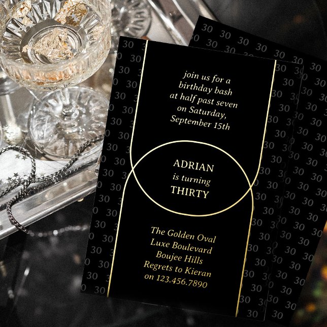 Adult Birthday Party Any Age Black and Gold Arches (Any Age Adult Birthday Invitation with elegant gold foil arches and number pattern)