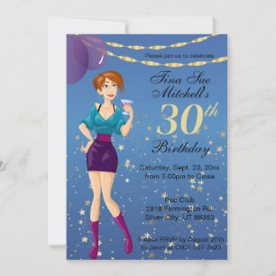 Adult Birthday Party Girl in Blue Invitation