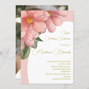 Adult Birthday Photo Pink Gold Elegant Floral Invitation